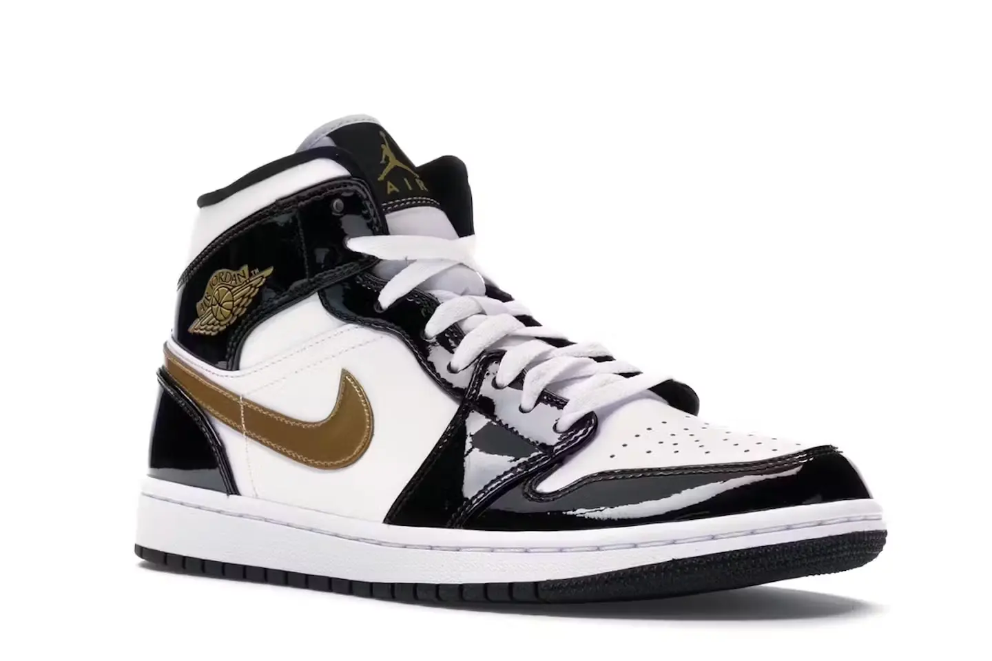 tenis Jordan 1 Mid Patent Black White Gold 852542-007 minymal sneakers 2 tenis Jordan 1 Mid Patent Black White Gold 2